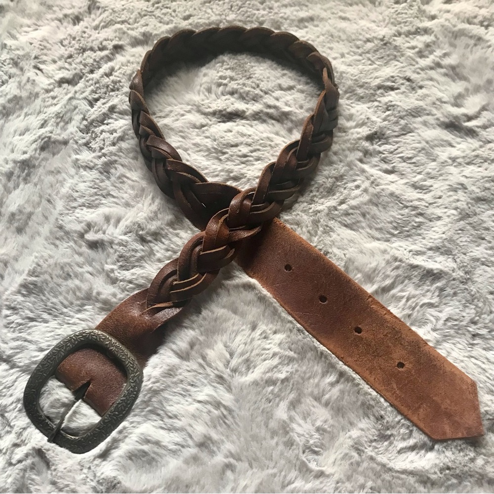 38” vintage genuine leather braided brown belt exchangeable brass buckle snap